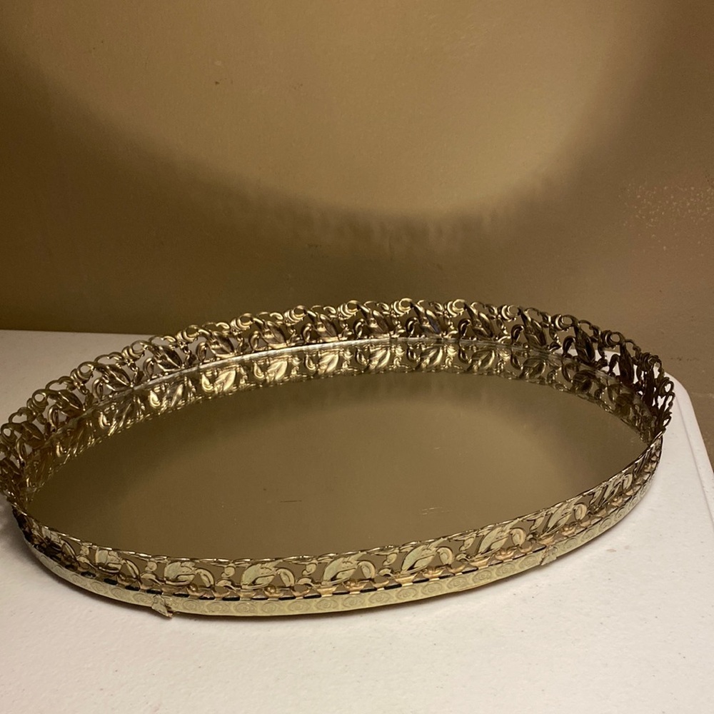 Vintage Goldtone Metal Oval Filigree Vanity Mirror